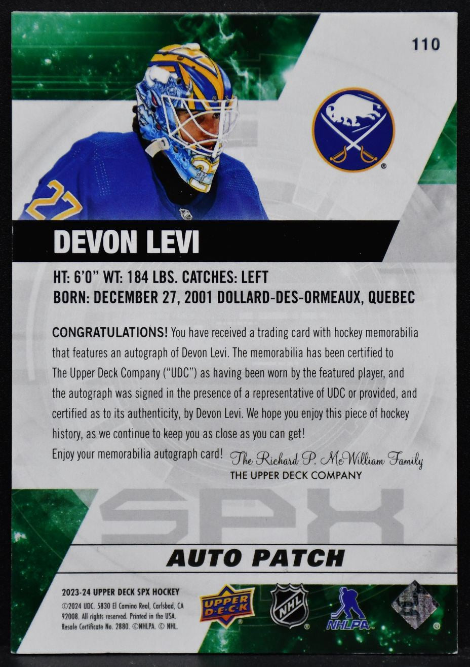 2023-24 SPx Rookies Auto Patch Devon Levi 110 Buffalo Sabres RC Auto 24/25