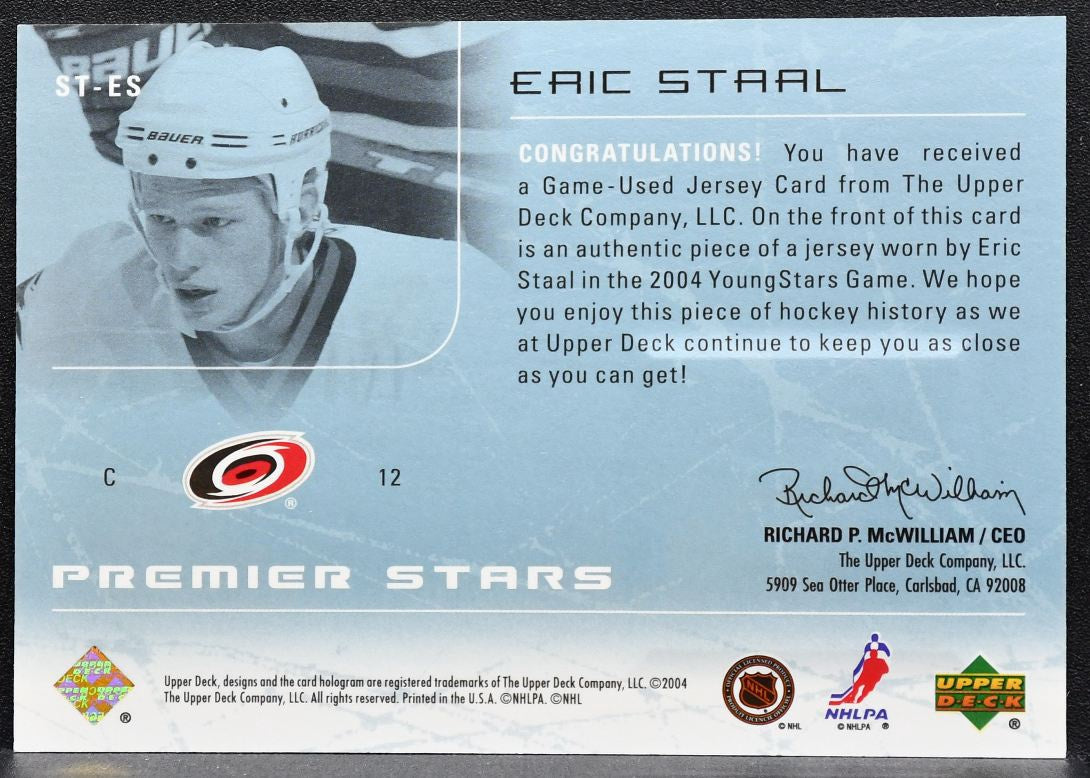 2003-04 UD Premier Collection Stars Eric Staal Hurricanes RC 137/250 Jersey 0987