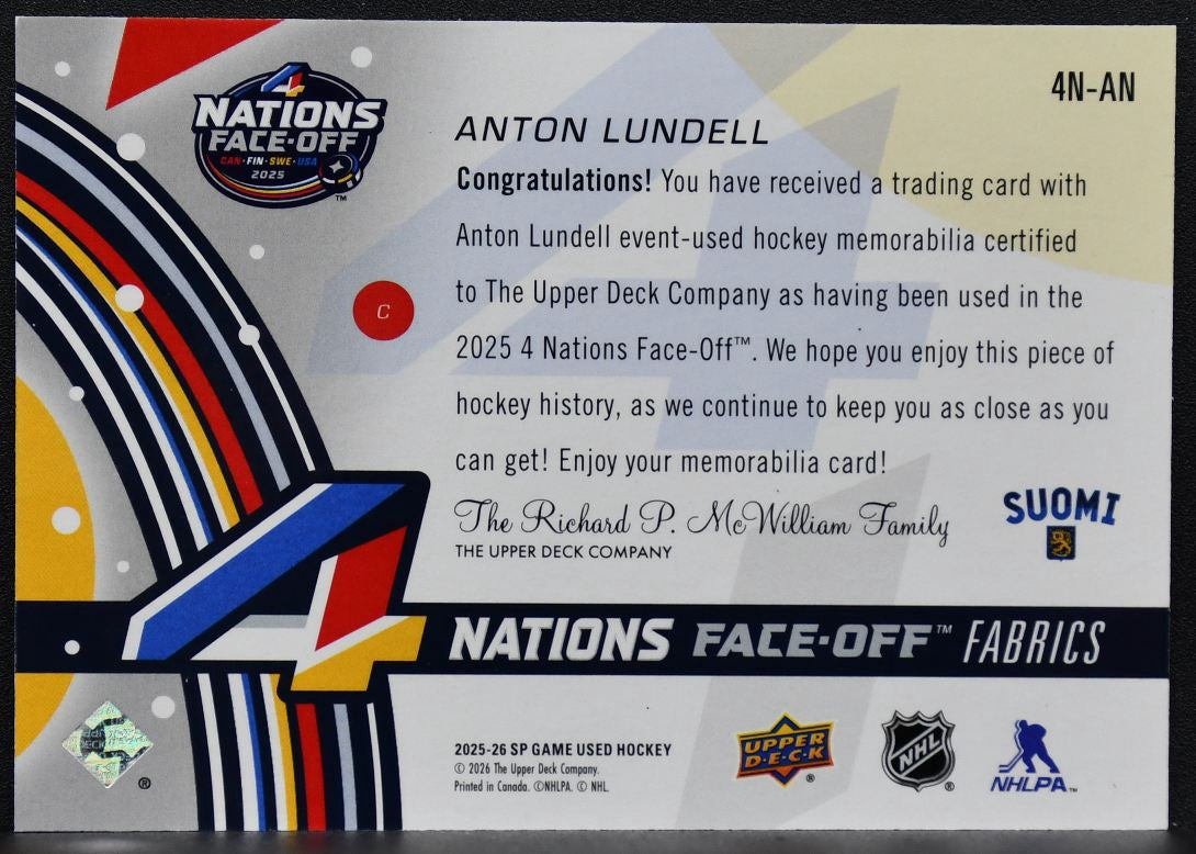 2025-26 SP Game Used 4 Nations Face Off Fabrics Anton Lundell 4N-AN Jersey 6872