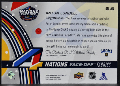 2025-26 SP Game Used 4 Nations Face Off Fabrics Anton Lundell 4N-AN Jersey 6872