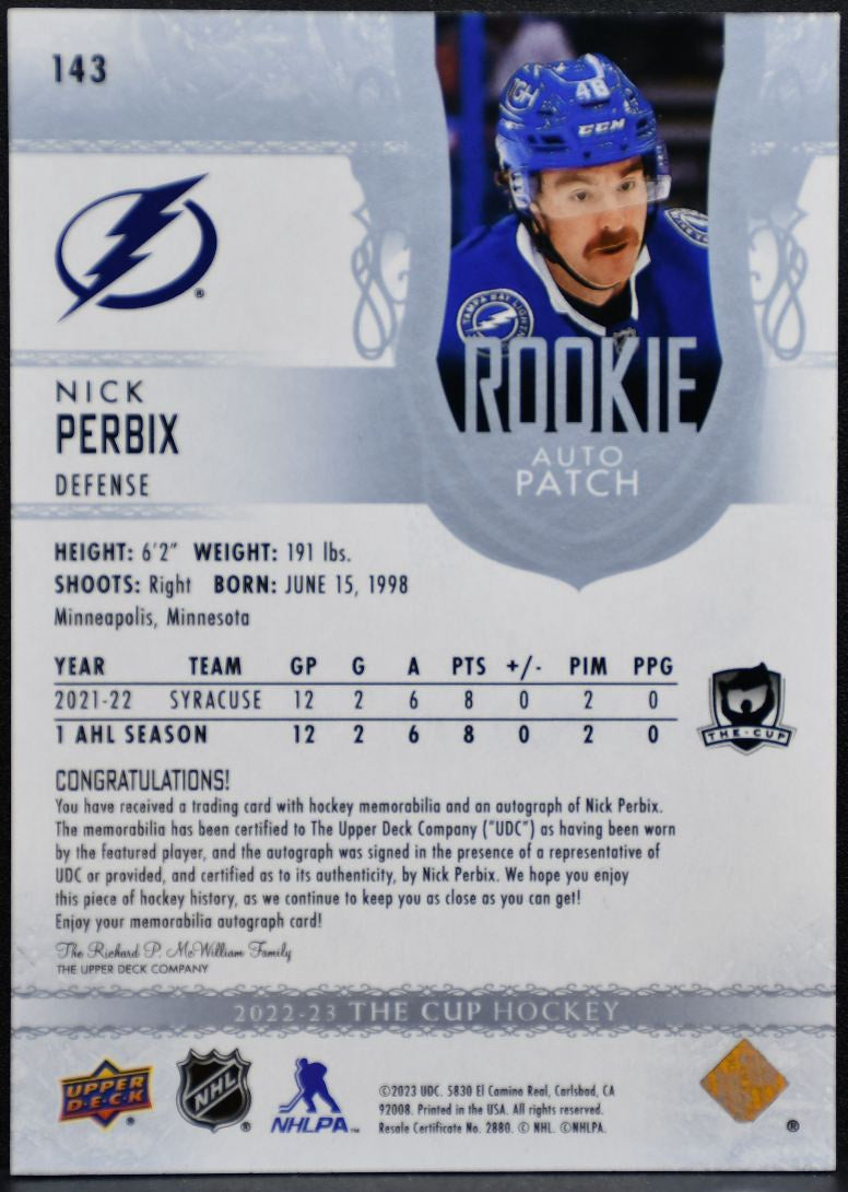 2022-23 UD The Cup Rookie Auto Patch Perbix Lightning RC Auto /249 Patch 4144