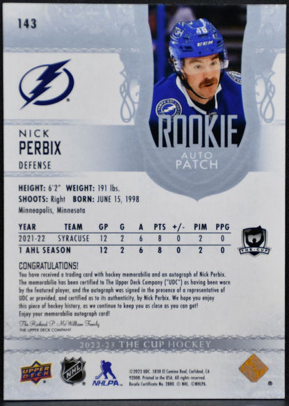 2022-23 UD The Cup Rookie Auto Patch Perbix Lightning RC Auto /249 Patch 4144