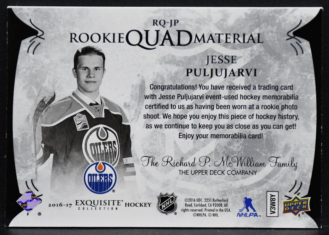 16-17 Black Diamond Exquisite Rookie Quad Material Jesse RQ-JP 49 Patch