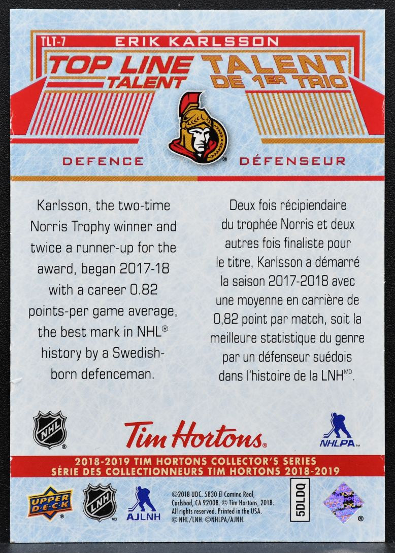 2018-19 Upper Deck Tim Hortons Top Line Talent Erik Karlsson TLT-7 Senators 5791