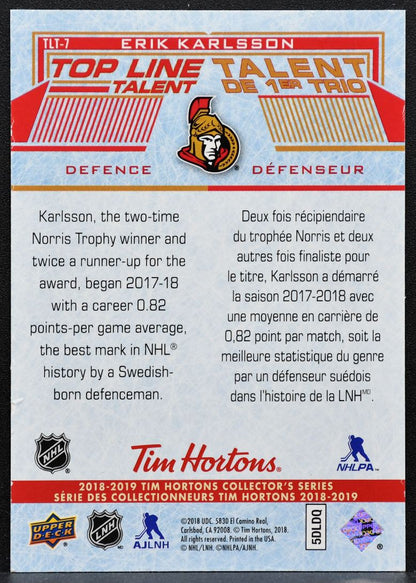 2018-19 Upper Deck Tim Hortons Top Line Talent Erik Karlsson TLT-7 Senators 5791