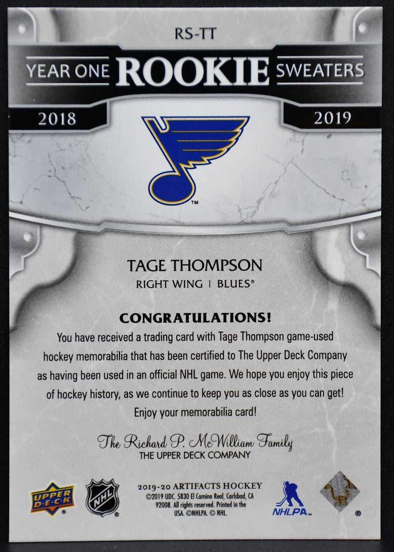2019-20 UD Artifacts Year One RC Sweaters Tage Thompson RS-TT Blues RC Jersey 4268