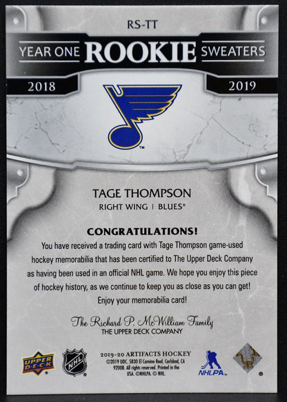 2019-20 UD Artifacts Year One RC Sweaters Tage Thompson RS-TT Blues RC Jersey 4268