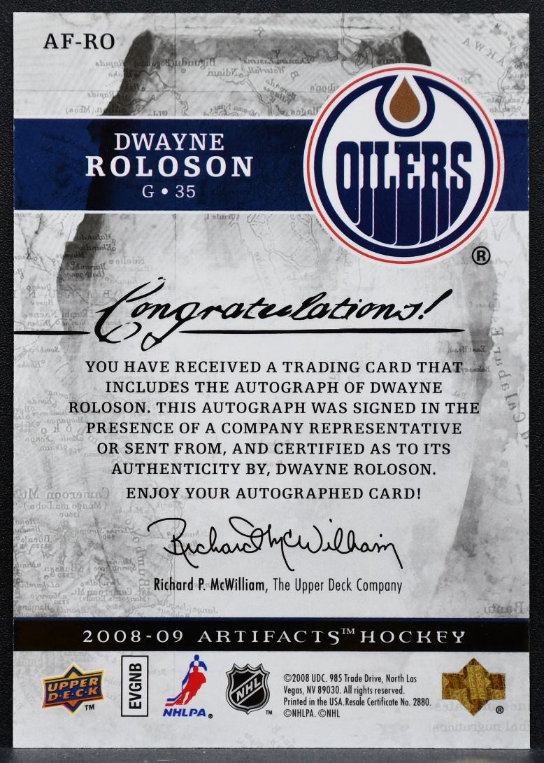 2008-09 Upper Deck Artifacts Auto-Facts Dwayne Roloson AF-RO Oilers Auto 7613