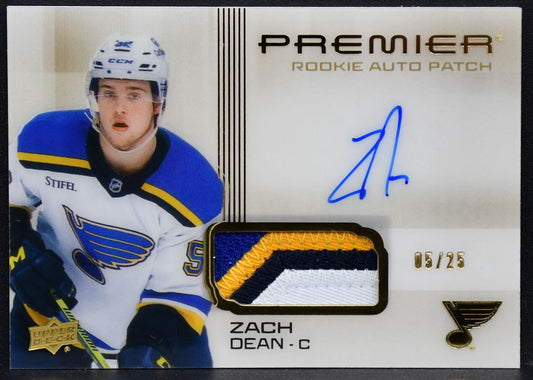 24-25 UD Premier Acetate Auto Patch Horizontal Gold Zach Dean HR-ZD Blues RC /25 5143