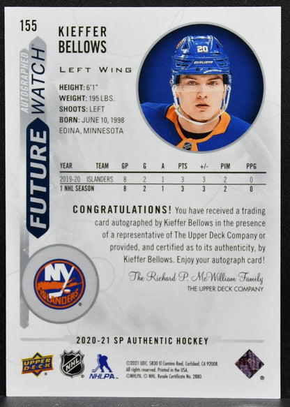 2020-21 SP Authentic Future Watch Auto Kieffer Bellows Islanders RC Auto 1634