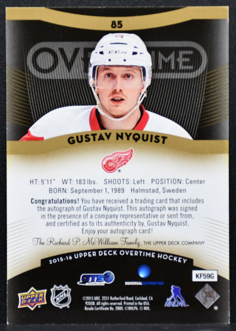 2015-16 Upper Deck Overtime Gold Auto Gustav Nyquist Detroit Red Wings Auto 2954