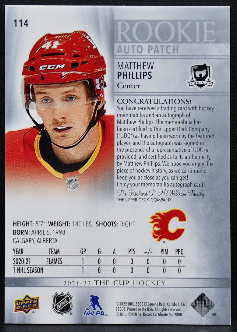2021-22 UD The Cup RC Auto Patch Matthew Phillips Calgary Flames RC Auto /249 3842