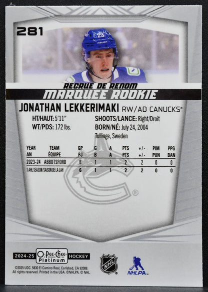 2024-25 O-Pee-Chee Platinum Marquee Rookie Jonathan Lekkerimaki Canucks RC 9553