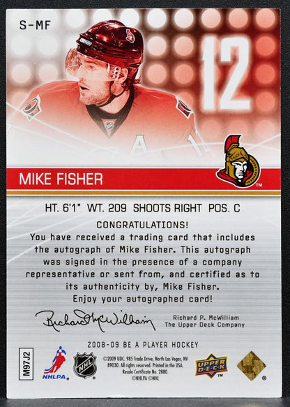 2008-09 Upper Deck Be A Player Signatures Mike Fisher S-MF Senators Auto 2004