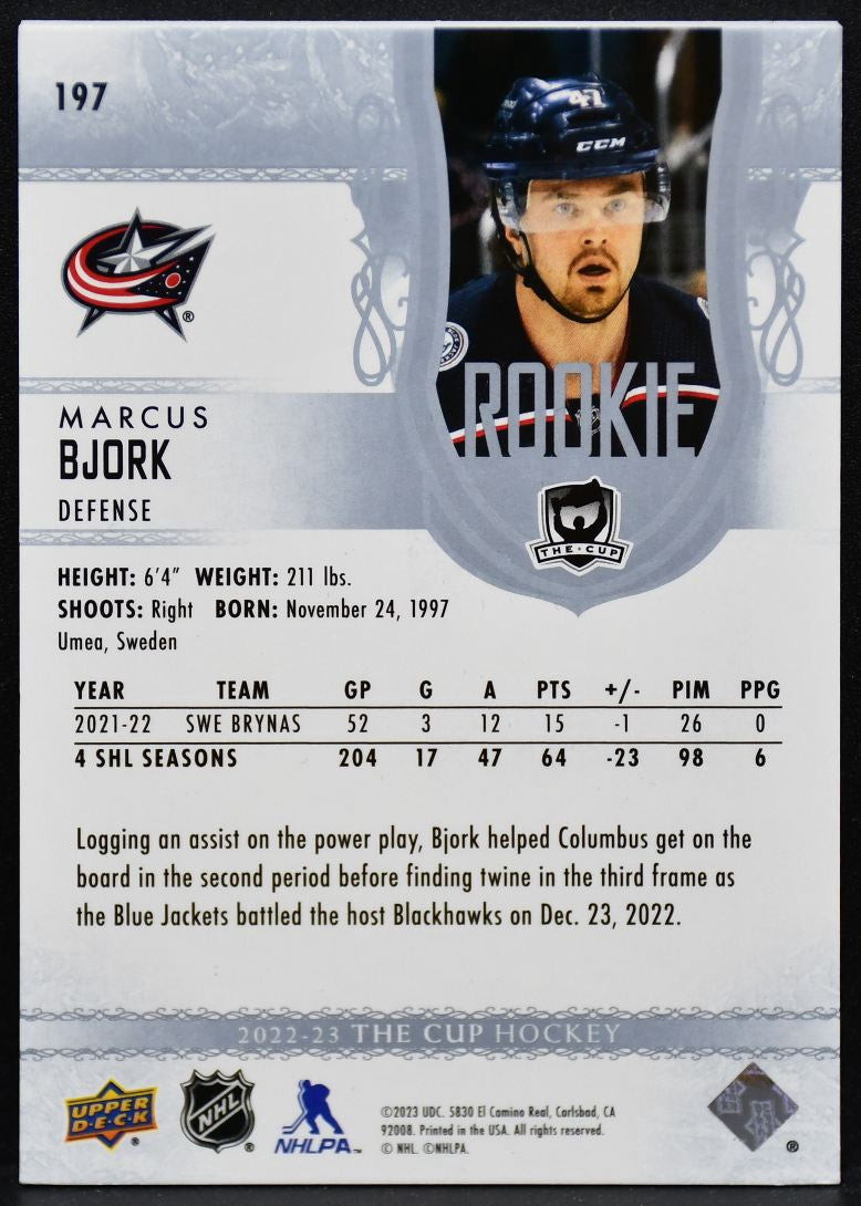 2022-23 Upper Deck The Cup Rookie Marcus Bjork 197 Blue Jackets RC 005/249 4319