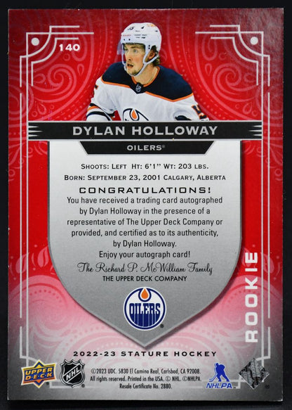 Carte UD Stature Rookie Auto Rouge Dylan Holloway 140 RC Auto 27/35