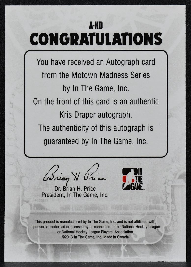 2012-13 In The Game Motown Madness Auto Kris Draper A-KD Red Wings Auto 1424
