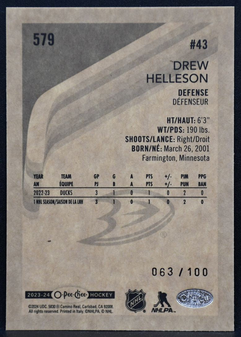 2023-24 O-Pee-Chee Rookie Base Black Drew Helleson 579 Anaheim Ducks RC 063/100 1786