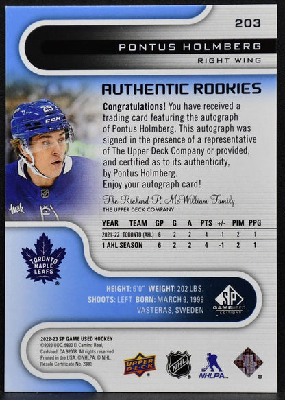 2022-23 SP Game Used Authentic Rookies Pontus Holmberg 203 RC Auto