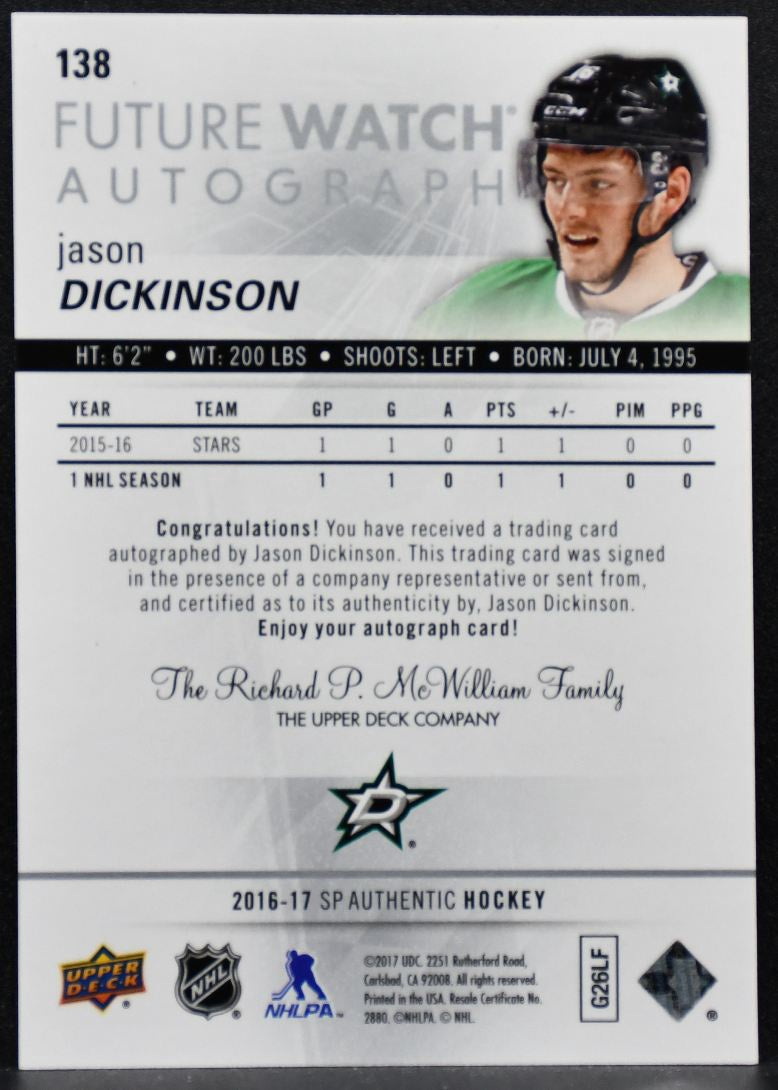 2016-17 SP Authentic Future Watch Auto Jason Dickinson RC Auto 241/999 5634
