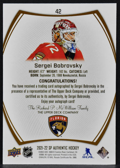 2021-22 SP Authentic Limited Auto Sergei Bobrovsky 42 Florida Panthers Auto 4801