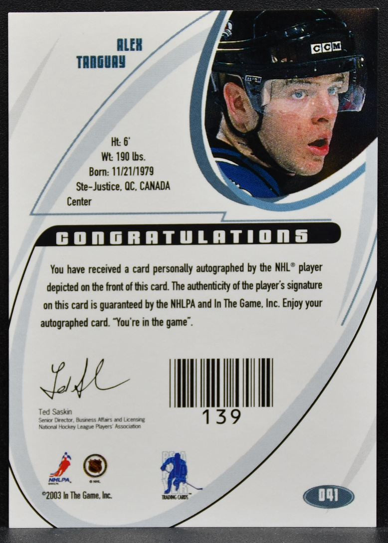 2003-04 In the Game Signatures Alex Tanguay 041 Colorado Avalanche Auto 0130
