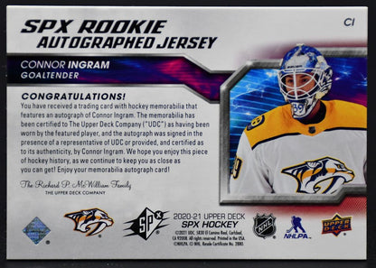 2020-21 SPx Rookie Auto Jersey Ingram Predators RC Auto /375 Jersey