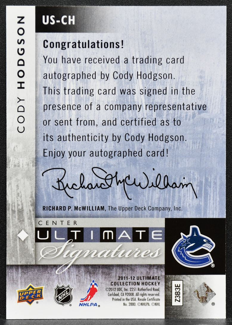 2011-12 Upper Deck Ultimate Collection Signatures Cody Hodgson US-CH Auto 5270