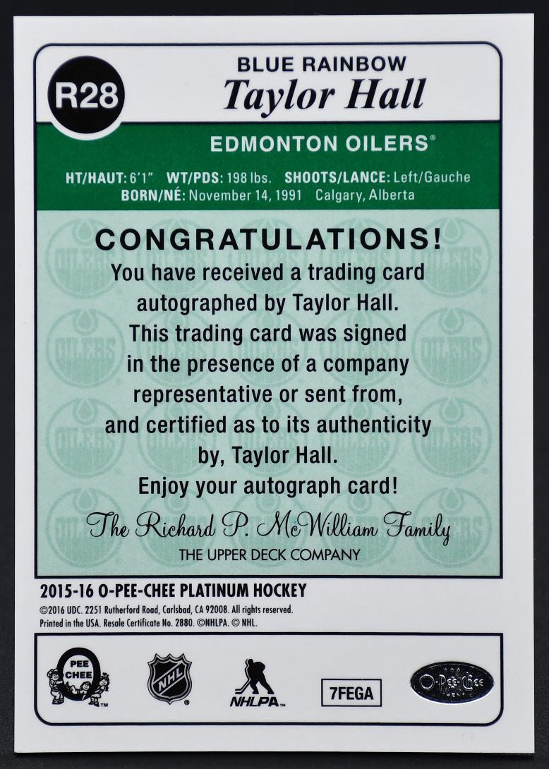 2015-16 OPC Platinum Retro Rainbow Blue Autographs Taylor Hall R28 Auto