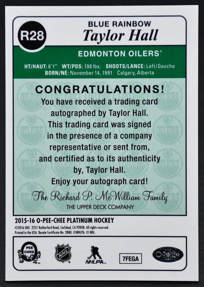 2015-16 OPC Platinum Retro Rainbow Blue Autographs Taylor Hall R28 Auto