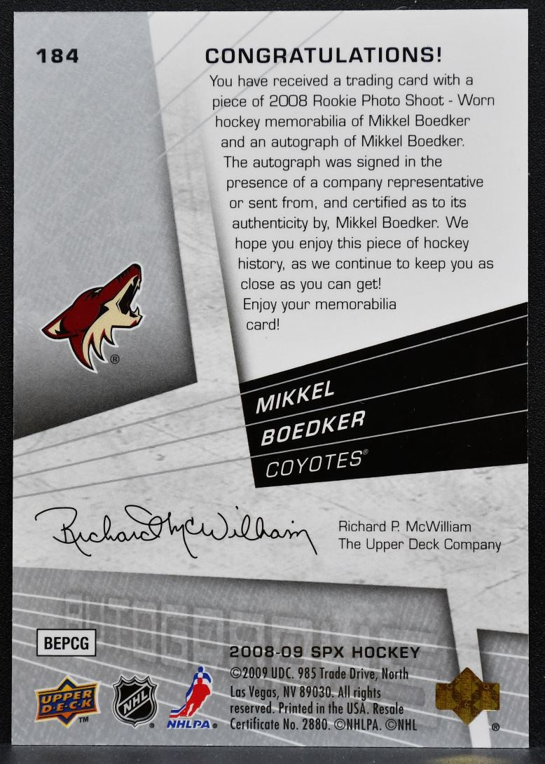 2008-09 SPx Rookie Jersey Auto Mikkel Boedker 184 Coyotes RC Auto 482/999 1755