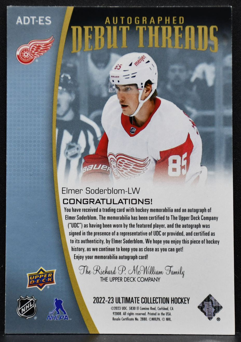 2022-23 UD Ultimate Autographed Debut Threads Patch Elmer Soderblom /99