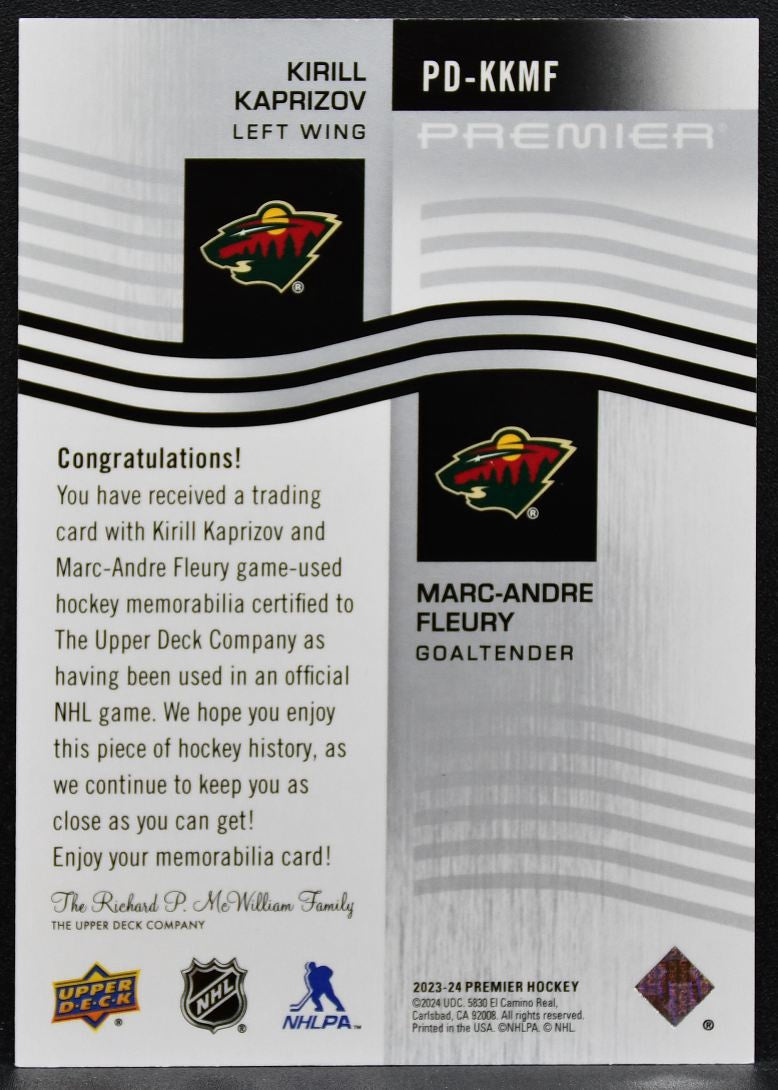 2023-24 UD Premier Dual Jerseys Kaprizov / Fleury Wild 66/99 Jersey 3356