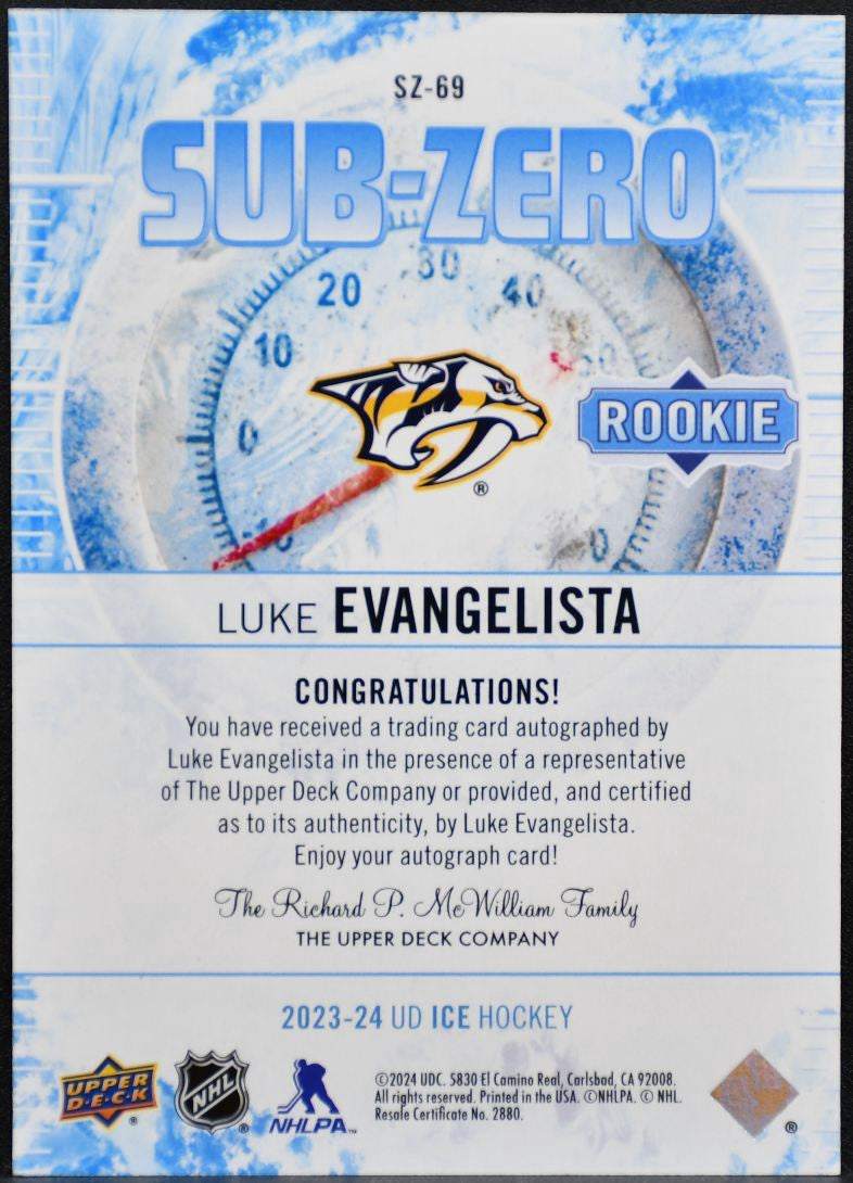 2023-24 UD Ice Sub Zero Blue Autographs Luke Evangelista Predators RC Auto 4724