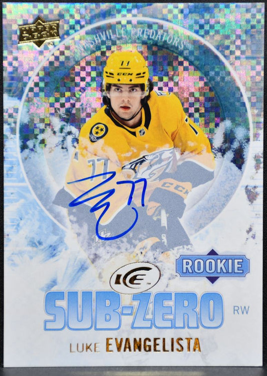 2023-24 UD Ice Sub Zero Blue Autographs Luke Evangelista Predators RC Auto 4724