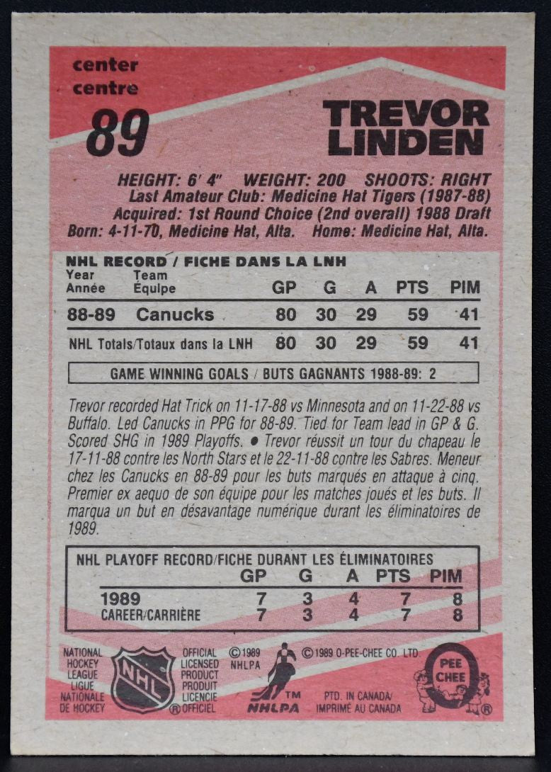 1989-90 O-Pee-Chee Trevor Linden 89 Vancouver Canucks RC 7147
