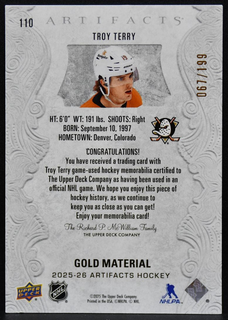 2025-26 UD Artifacts Gold Material Troy Terry 110 Ducks 067/199 Jersey 3114