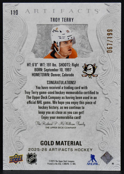 2025-26 UD Artifacts Gold Material Troy Terry 110 Ducks 067/199 Jersey 3114