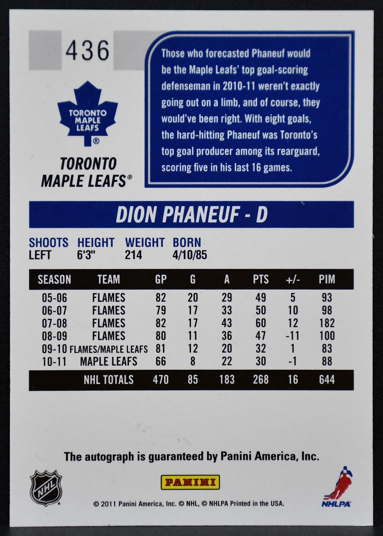 2011-12 Panini Score Signatures Dion Phaneuf 436 Toronto Maple Leafs Auto 8133