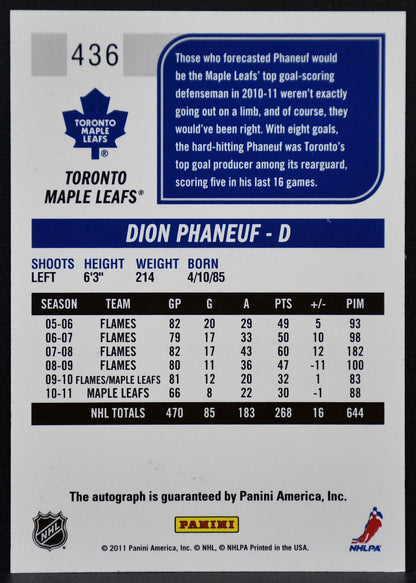 2011-12 Panini Score Signatures Dion Phaneuf 436 Toronto Maple Leafs Auto 8133