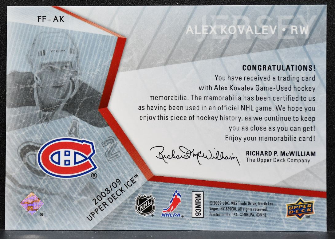 2008-09 Upper Deck Ice Frozen Fabrics Alex Kovalev FF-AK Canadiens Jersey 9020