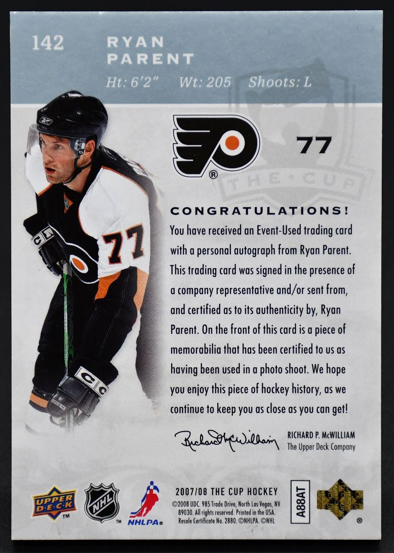 2007-08 UD The Cup Autograped Rookie Patch Ryan Parent 142 RC Auto 032/249 Patch