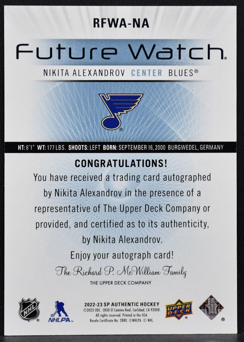2022-23 SP Authentic Retro Future Watch Auto Nikita Alexandrov RFWA-NA Auto /699