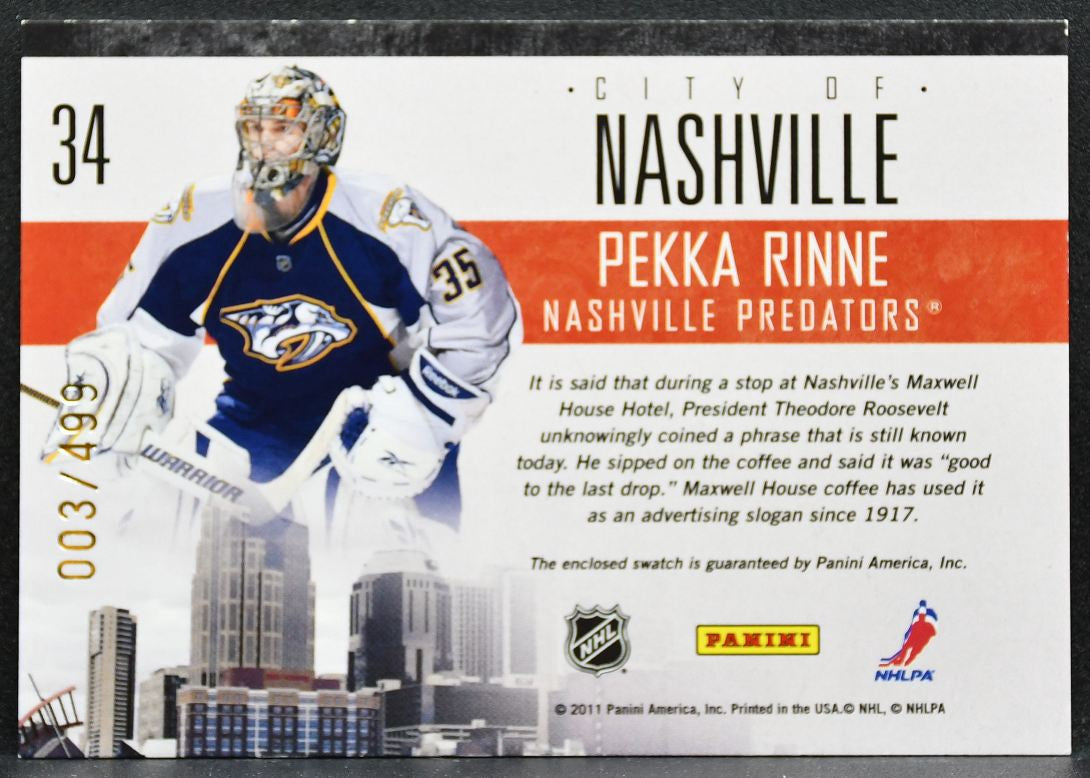 2010-11 Panini Pinnacle City Lights Materials Pekka Rinne Predators Jersey 2878