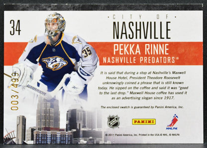 2010-11 Panini Pinnacle City Lights Materials Pekka Rinne Predators Jersey 2878