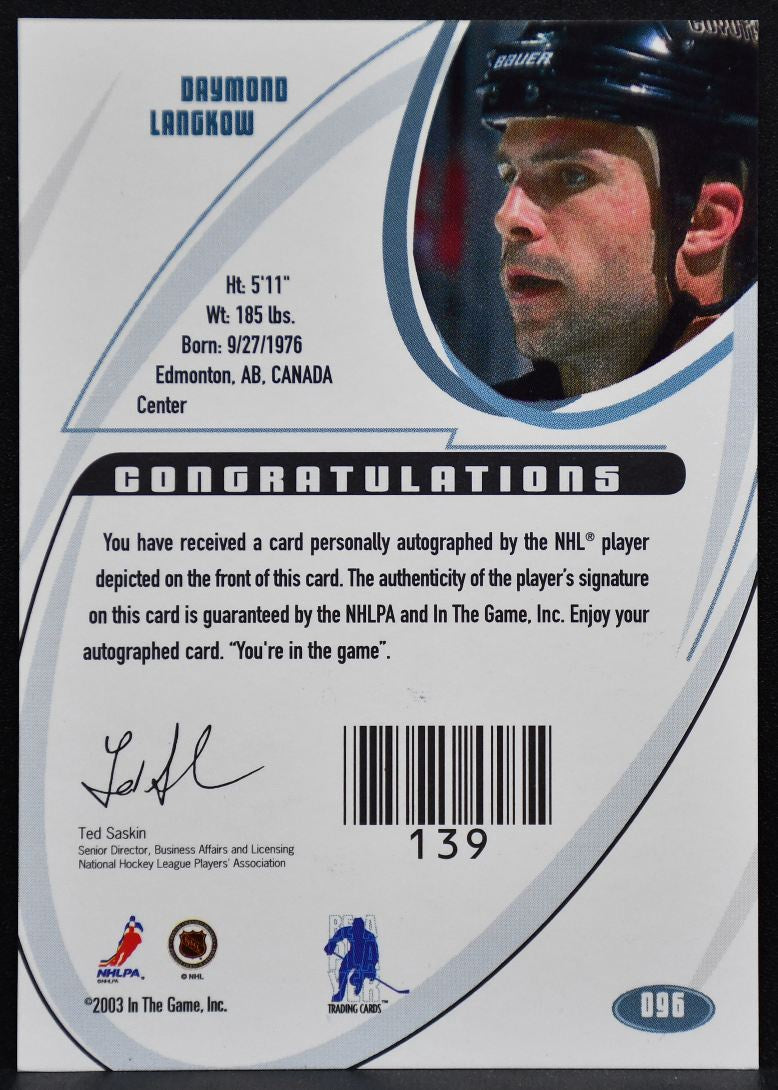 2002-03 In The Game Auto Series Auto Daymond Langkow 096 Coyotes Auto 7624