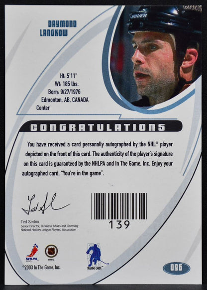 2002-03 In The Game Auto Series Auto Daymond Langkow 096 Coyotes Auto 7624