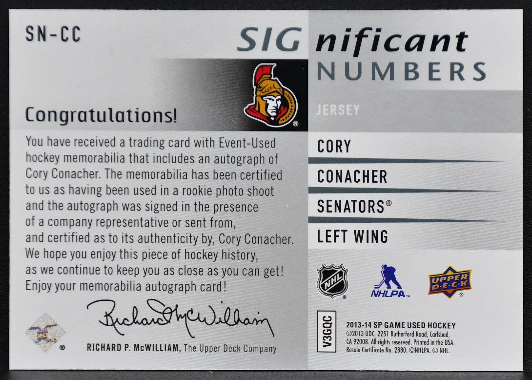2013-14 SP Used SIGnificant Numbers Conacher Senators Auto 45/89 Jersey 0287