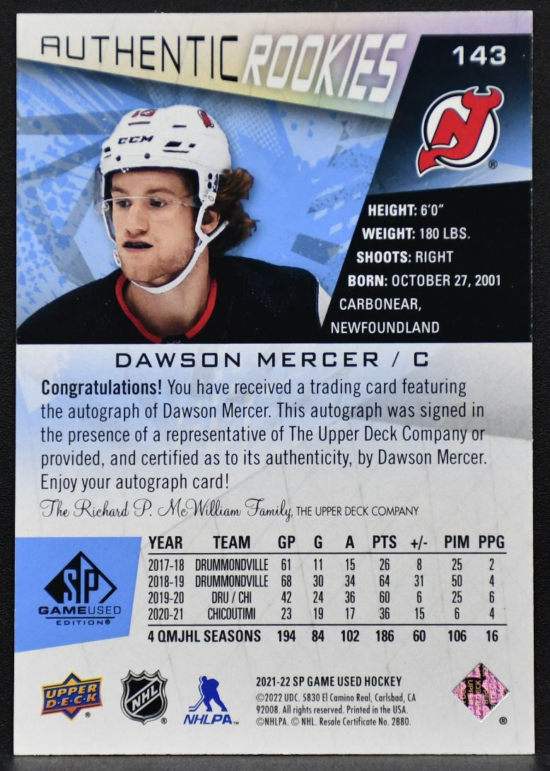 21-22 SP Game Used Authentic Rookies Auto Dawson Mercer 143 New Jersey Devils RC 4511