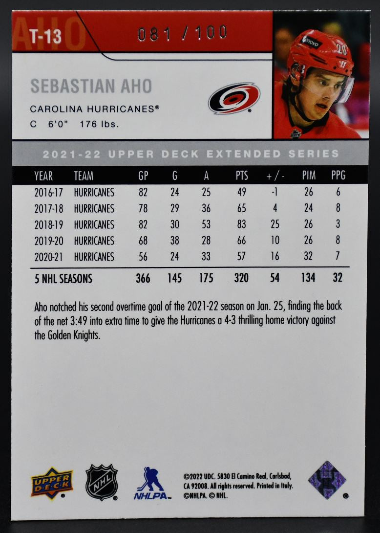 2021-22 UD Extended Series Sebastian Aho T-13 Carolina Hurricanes 081/100
